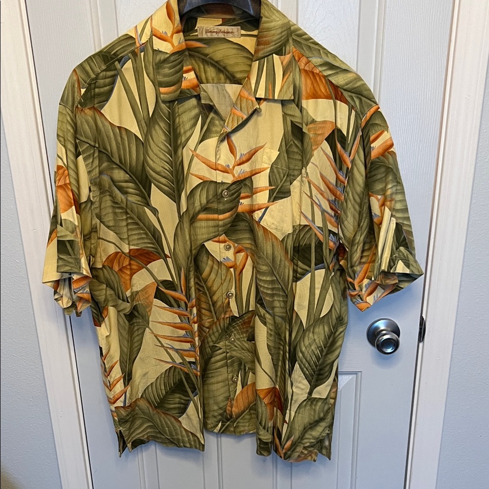 Tommy Bahama Green and Orange Leaf Print Shirt